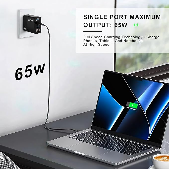 DCV 65W USB C Charger GaN 3-Port Fast Charging Block with LED Digital Display PD/PPS/QC 3.0 Foldable Wall Charger for Laptops MacBook iPhone 17/16 iPad Pro Galaxy S23/S22 Note 20 without Cable