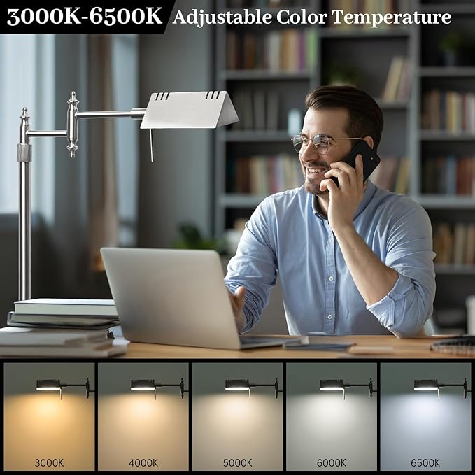 Dimmable Pharmacy Floor Lamp with Remote, 17W LED Reading Floor Lamp with 360°Swing Arm, 3 Color Temperature, Height Adjustable Silver Standing Task Lamp for Living Room, Bedroom, Brushed Nickel