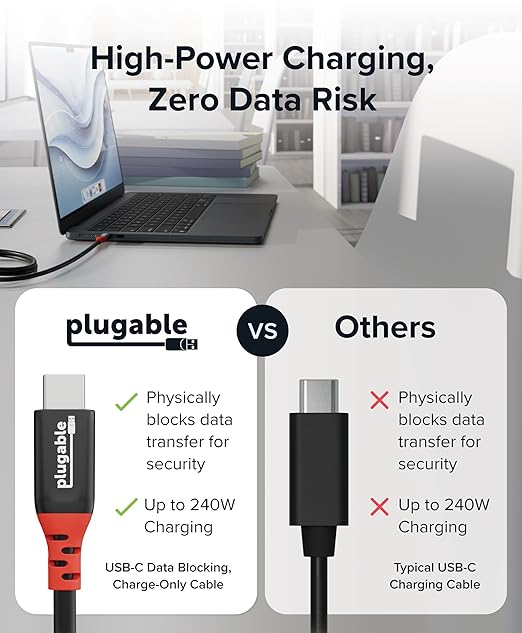 Plugable USB C to USB C Cable Data Blocker Charge Only Cable (1m/3.3ft): 240W Safe Fast Charging for MacBook iPhone 15/16 Galaxy S24 Steam Deck and More USBC Devices (USBC-CC1M)