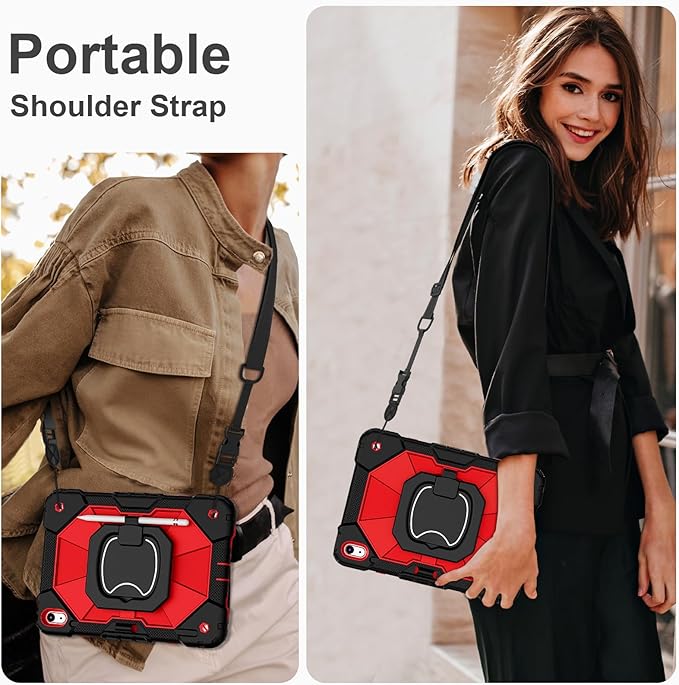 Case for iPad 10th Generation 10.9 Inch (2022), iPad (A16) 11th Generation 11 Inch (2025), Rugged i Pad Case 10th Gen with 360°Rotating Stand Screen Protector Pen Holder Shoulder Strap, Red
