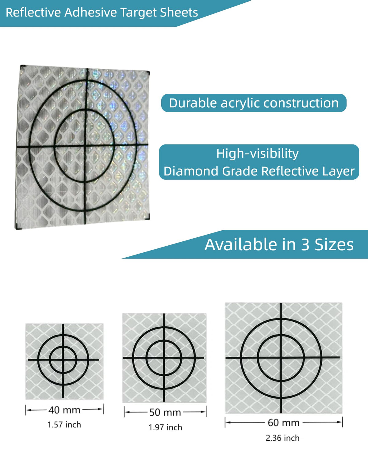 60pcs 2 * 2 inch White Reflective Tape Survey Targets Reflective Adhesive Target Sheets for Total Stations Laser Target Sheet