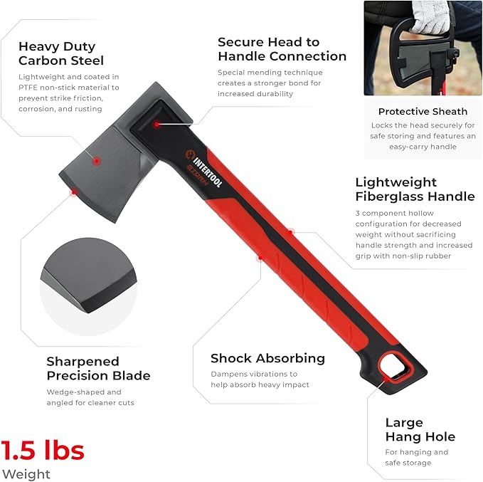 INTERTOOL Hatchet Lightweight for Camp Firewood Splitting & Kindling - Small 14" Wood Chopping Axe with Shock Absorbing Anti-Slip Handle & Sheath - Ax for Outdoor, Hiking, and Gardening - HT08-0291