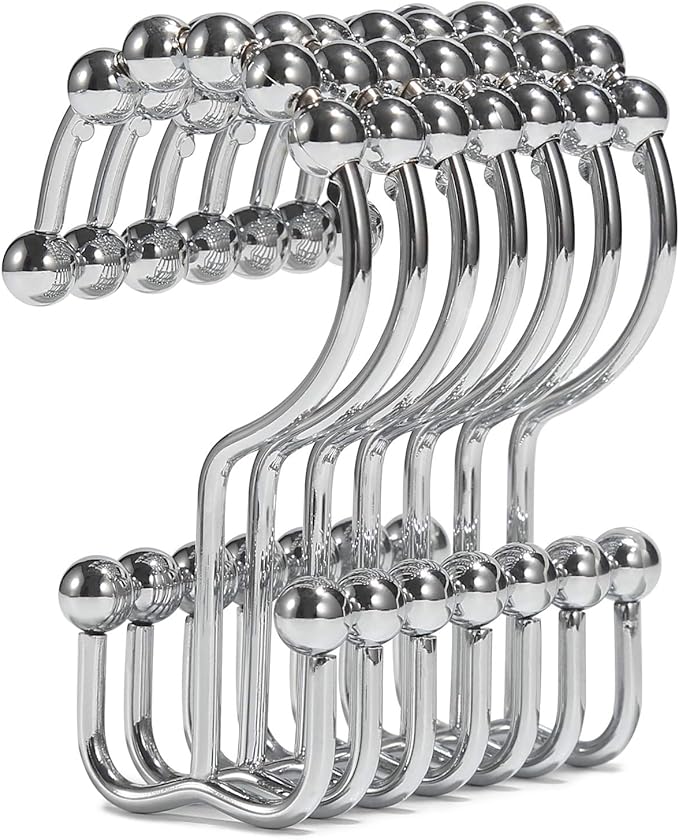 Shower Curtain Hooks, Goowin Shower Curtain Rings, Stainless Steel Shower Curtain Hooks Rust Proof Free Sliding Double Shower Hooks for Curtain, Shower Curtains & Liners (Chrome)