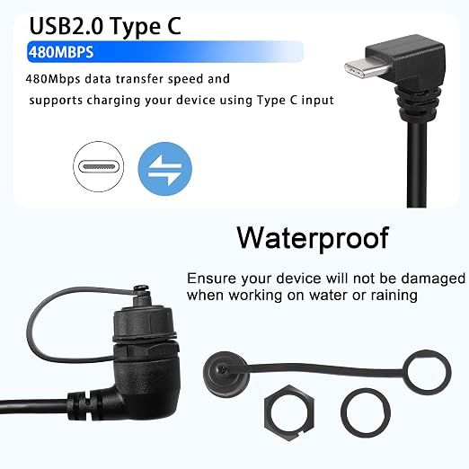 QIANRENON 90 Degree Angle USB C Flush Panel Mount Cable USB Type C 2.0 Female to Male Right Angle Waterproof Extension Cable Threaded to Dashboard or Panel 30cm/11.8 in (UP&ampDown Bend)