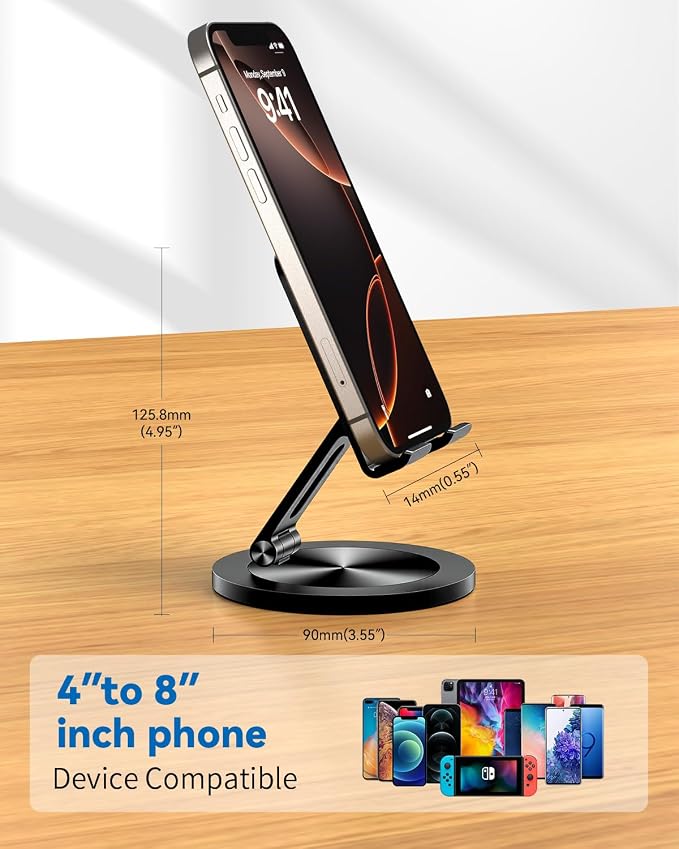 Phone Stand for Desk 360° Rotating Dual Adjustable Foldable Cell Phone Holder Heavy Solid All-Aluminum Base Anti-Slip Stable Support for Home Office Study Fits iPhone Galaxy 4-8 Phones
