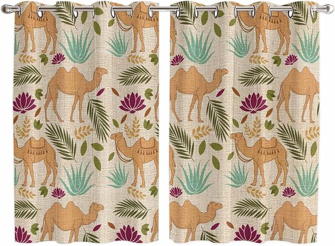 2 Panel Kitchen Cafe Curtains, Desert Camels Sunlight Filtering Nature Air