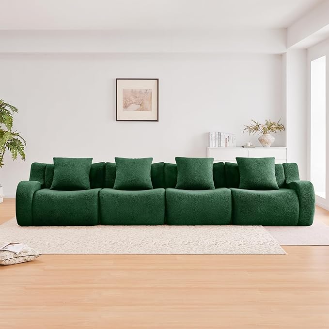 Green 4-Seater Cloud Couch, Modern Teddy Fabric Boneless Sectional Sofa in a Box for Living Room, Modular Floor Couch, Comfortable Deep Seat, No Assembly Required, Sofas para Sala