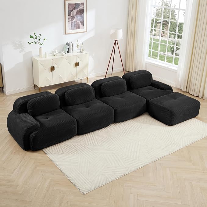 152" Modern Compressed Boneless Couch with Ottoman, 4 Seater Large L Shaped Sectional Couches for Living Room, Black Corduroy Cloud Modular Sectional Sofa, Memory Foam, Extra Deep, No Assembly