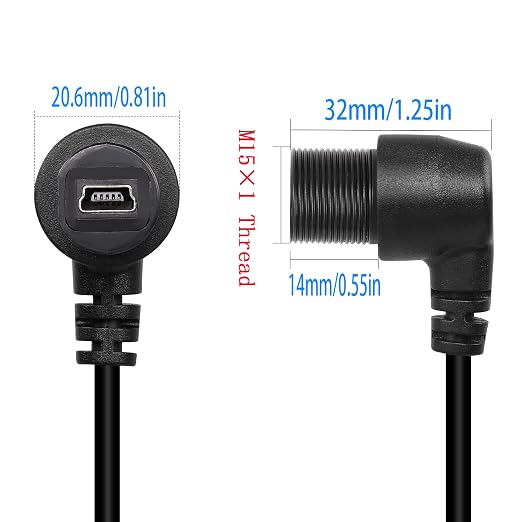 QIANRENON 90 Degree Angle Mini USB Panel Flush Waterproof Extension Cable Mini USB 5 Pin Right Angle Male to Female Panel Mount Cable Threaded to Dashboard or Panel28cm/11in (Down Bend)