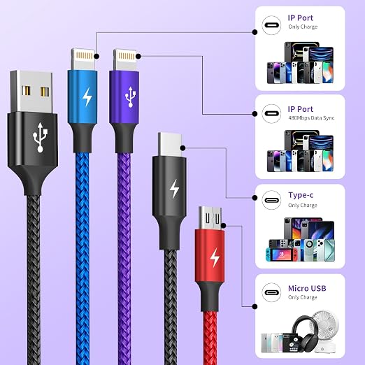 4 in 1 Multi Charging Cable 2 Pack 6FT Charging Cords for Devices | Nylon Braided USB C Car Charger Cable with Dual USB-C IP &amp Micro Ports Long Travel Charging Cord for Cars