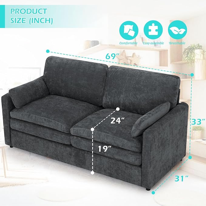 3 Pieces Chenille Sofa Set w/Arm Pillows, Upholstered Loveseat & 2 Pieces 3 Seater Sofa w/Comfortable Back Cushions, Modern 2-Seat & 3-Seat w/High-Density Foam for Living Room, Grey