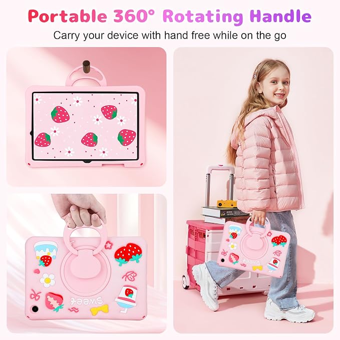 VOFUOE for Samsung Galaxy Tab A11 Plus Case 2025 Galaxy Tab A9 Plus Case 2023 11 Inch for Kids Girls with Shoulder Straps Rotating Stand Strawberry Yogurt Cake Soft Silicone Protective Cover-Pink