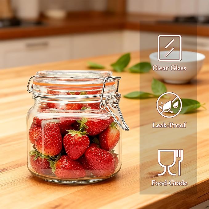 Encheng 25 oz Glass Jars With Airtight Lids And Leak Proof Rubber Gasket,Wide Mouth Mason Jars With Hinged Lids For Kitchen Canisters 750ml, Glass Storage Containers 6 Pack