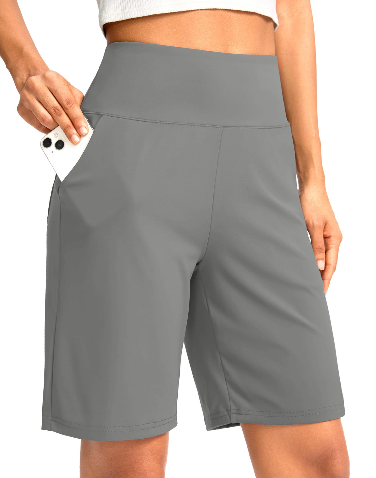 G Gradual Women's Bermuda Long Shorts with Pockets 9" High Waisted Knee Length Shorts for Women Walking Athletic Workout(Light Grey,XL)