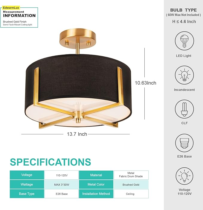 3-Light Semi Flush Mount Ceiling Light Fixture, 13.7" Gold Drum Light with Black Fabric Shade, Modern Close to Ceiling Lamp for Living Room Bedroom Dining Room Kitchen Hallway Entry Foyer