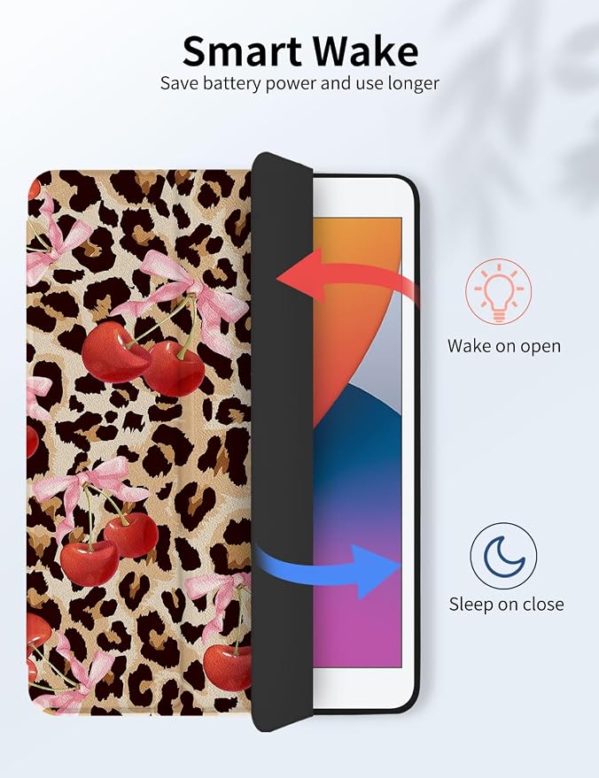 Case for iPad 9th/ 8th/ 7th Generation Case 10.2&amp10.5 Inch (2021/2020/2019 Release) Slim Lightweight Soft Trifold Back Cover with Pencil Holder &amp Auto Sleep/Wake Cover Cherries Cheetah Bows