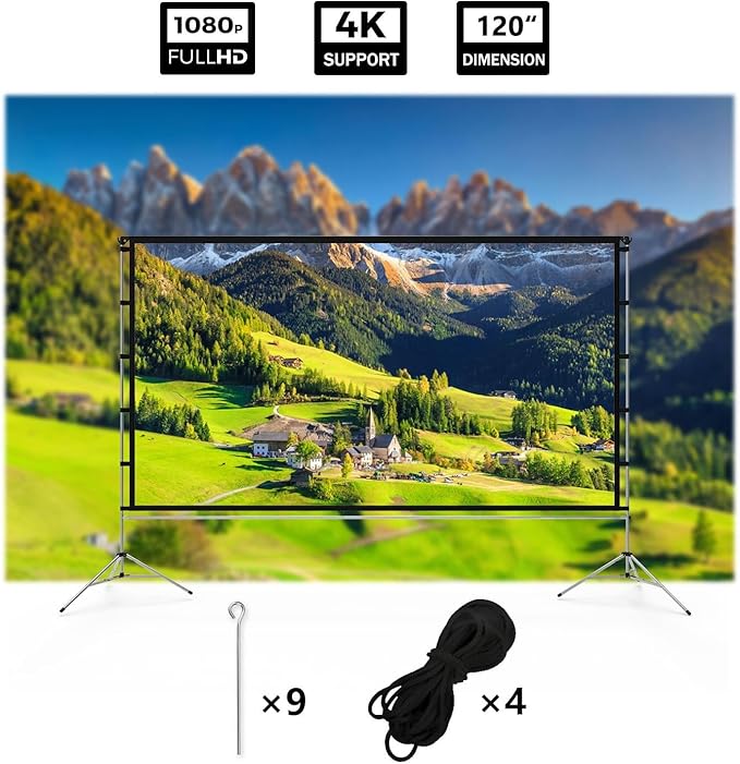 Projector Screen Outdoor, Vamvo Portable Projectors Screen with Aluminum Alloy Stand 120" Foldable Screens, 10 Feet Indoor Movie Screens with Carrying Bag for Home Theater Backyard Movie Night