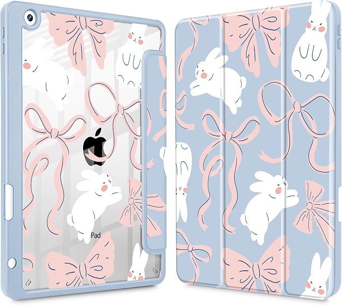 Case for iPad 9th/8th/7th Generation 10.2-Inch (2021/2020/2019 Release) with [Built-in Pencil Holder] Shockproof Cover with Clear Transparent Back Shell &amp Auto Wake/Sleep - Blue Bows