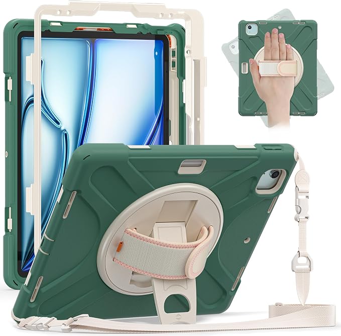 Batianda VortiGrip Case for iPad Air 11 M2/M3/M4 2024-2026 Colorful Blue | Heavy Duty Triple-Layer Rugged Case with 360° Rotating Hand Strap Foldable Hidden Stand Shoulder Strap and Pencil Holder