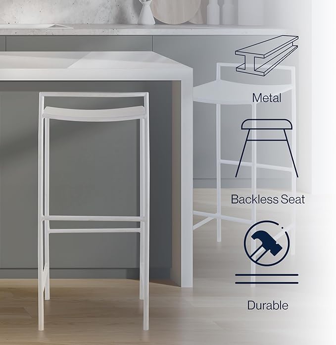 JONATHAN Y BSL1004B Svelte 30" Coastal Contemporary Iron Saddle-Seat Low-Back Bar Stool with Foot Rest for Home, Kitchen, Dining Room, Workspaces, Cafes and Resturants, White Frame