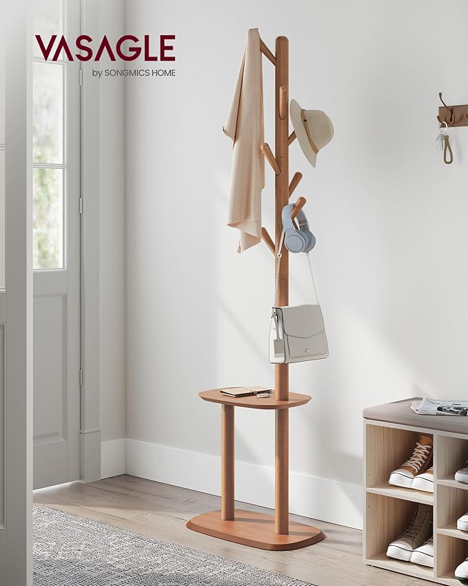 VASAGLE Coat Rack, Free Standing Coat Stand, Hall Coat Tree with 8 Hooks and Storage Shelf, 67.2 Inch Tall, for Coats, Hats, Bags, for Entryway, Hallway, Bedroom, Caramel Brown URCR040K01