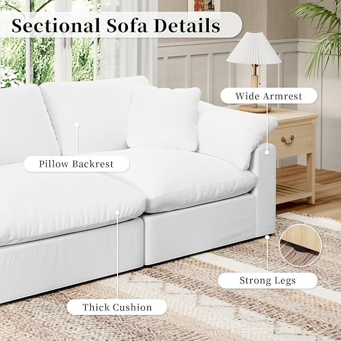 Modular Sectional Sofa Cloud Couch,Down Filled Comfy Cloud Modern Sofa,White Linen L Shape Oversized Couch Cushion Covers Removable Furniture for Living Room