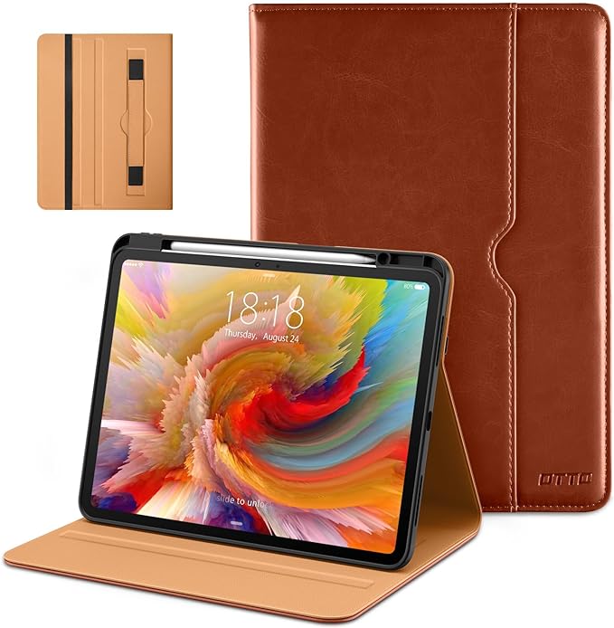 DTTO for iPad Pro 13 Inch Case (M5) 2025 / (M4) 2024 Brown | Premium Leather Business Cover with Pencil Holder Hand Strap &amp Pocket Corner Protection Auto Sleep/Wake Multiple Angles