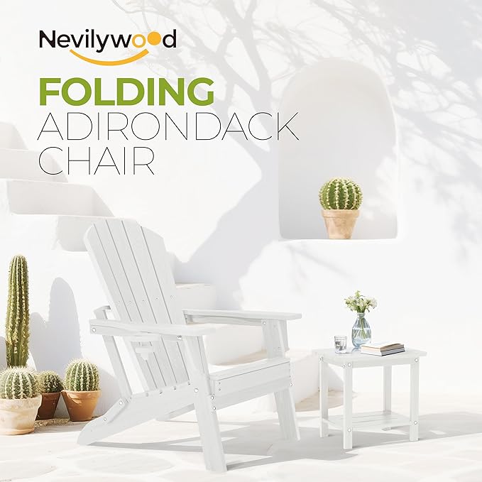 nevilywood Folding Adirondack Chair - Extended Ergonomic Backrest, Cup Holder - Easy Assembly - Durable HDPE Plastic, Weather Resistant & Maintenance-Free - Lawn, Patio, Deck Supports 380lbs White