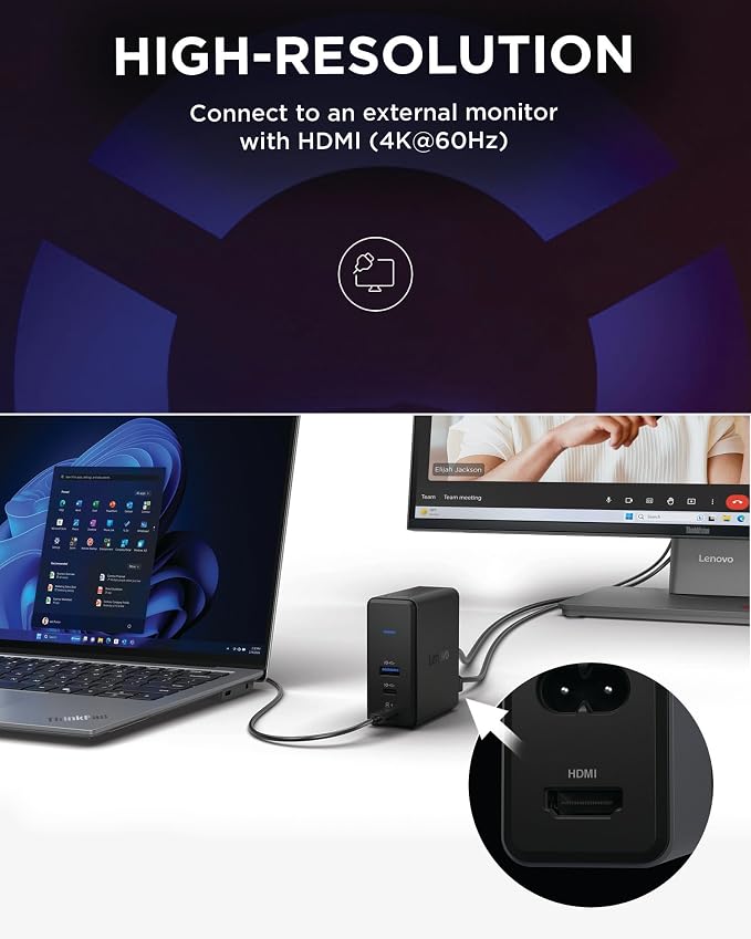 Lenovo USB-C Slim Travel Dock 8 Ports Up to 65W PD Pass Through Integrated USB-C Cable 4K Display Support Black