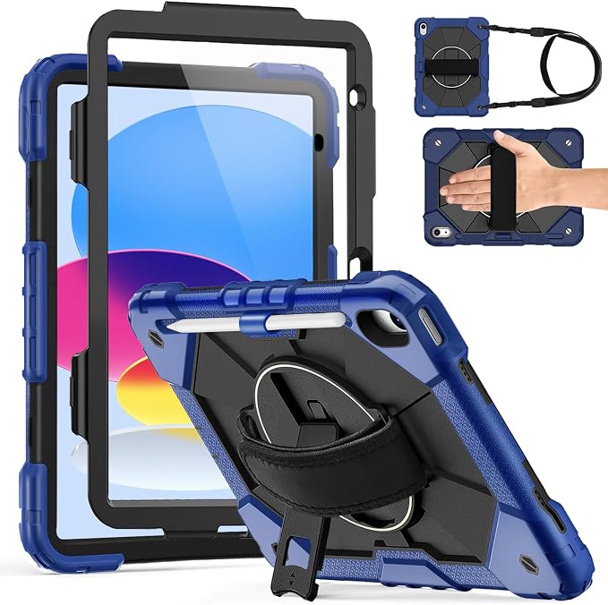 Weuiean Case for iPad A16 11th/10th Generation 11/10.9 Military-Grade Heavy-Duty Shockproof Cover with 360° Rotating Stand Built-in Pencil Holder &amp Adjustable Hand/Shoulder Strap - Black