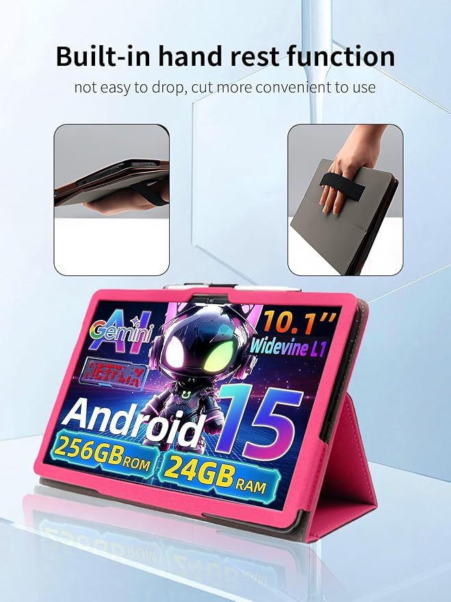 Case for VekfulPC T20 Tablet 10 Inch Android 15 TabletUYRUREL Leather Slim Folding Stand Cover with Hand Strap Magnet for Men Women Full ProtectionBlack.