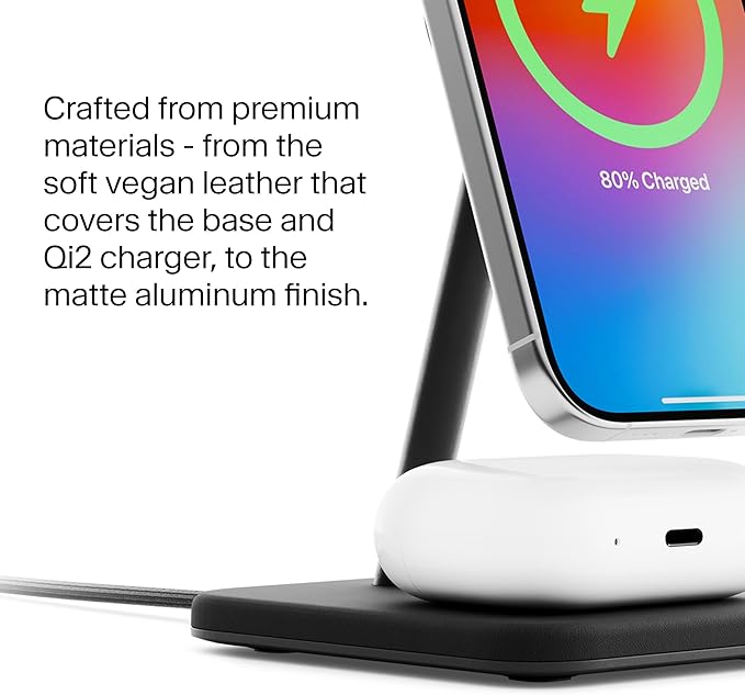 Twelve South HiRise 2 Deluxe 2-in-1 Wireless Charging Station for Apple Devices - Qi2 MagSafe Charger, Fast Wireless Charger Stand for iPhone 15 14 13 12 Pro & Max Series, AirPods Pro/3/2, Black