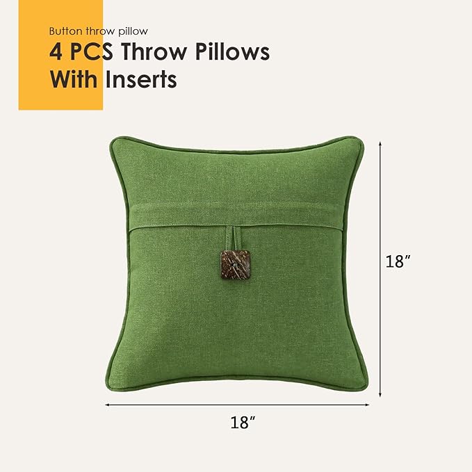 Outdoor Decorative Pillows with Coconut Button Pack of 4, 18" x 18" Outdoor Pillow Set for Couch Bed Throw Patio Sofa, Grass Green