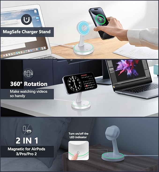 2 Pack Magnetic Wireless Charger Stand 15W Fast Mag-Safe Charger for iPhone 16/16 Pro/16 Plus/16 Pro Max/15/14/13/12 Series Magnet Wireless Charging Station/Pad with Sleep-Friendly Light for AirPods