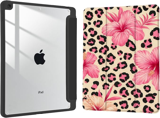 Joyland Brown Leopard Floral for iPad 6th/5th Generation 9.7 Inch 2018/2017Air 2/Air 1 CaseBuilt-in Pencil Holder with Shockproof Cover Transparent Back Shell Auto Wake/SleepBlack