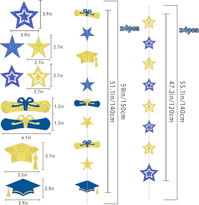 8-Pack 2026 Graduation Party Decorations - Blue Gold Glitter Backdrop with Cap, Diploma & Star Garland Banner Hanging Decor - Perfect for High School, College, and Middle School Graduation Parties