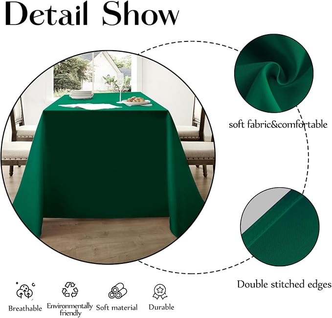 Rectangle Tablecloths 90x132 Inch 2 Pack Dark Green Tablecloth for 6ft Washable Decorative Linen Polyester Table Cloths for 8ft Dining Table Banquets Buffet Parties and Wedding