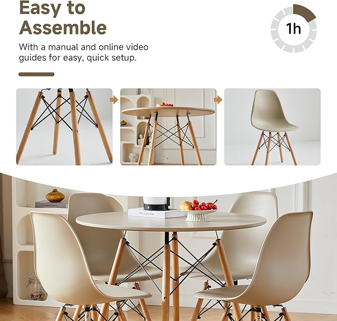 Round Dining Table Set for 4 31.5" Wood Dinner Table Circle Dining Table Kitchen Table Chairs Set of 4 with Wood Strip Base for Kitchen Living Room Space Saving Apartment(Beige)