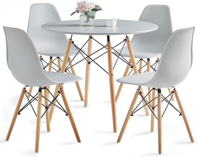 Round Dining Table Set for 4 35.5" Wood Dinner Table Circle Dining Table Kitchen Table Chairs Set of 4 with Wood Strip Base for Kitchen Living Room Space Saving Apartment(Grey)