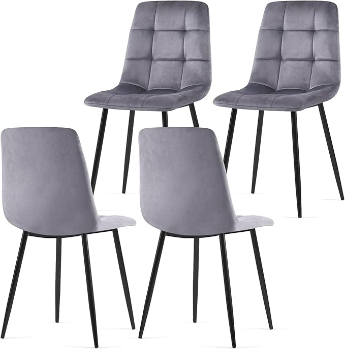 NORDICANA Grey Velvet Dinner Chairs Set of 4, Modern Armless Dining Side Chairs with Metal Legs for Kitchen Living Room Vanity