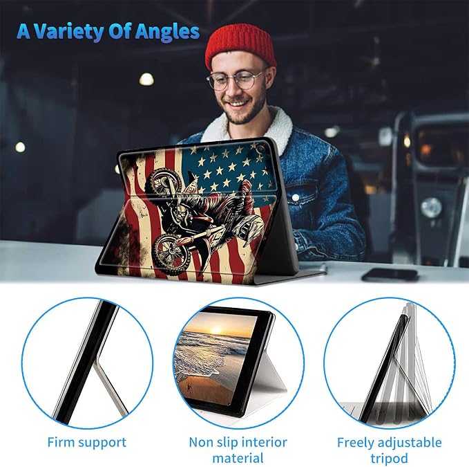 for All-New Kindle Fire HD 10 &amp 10 Plus Tablet (13th/11th Gen 2023/2021 Release) 10.1 + Screen Clean Pad Slim PU Leather Multi-Angle Kickstand Cover with Auto Wake/Sleep Horse with US Flag