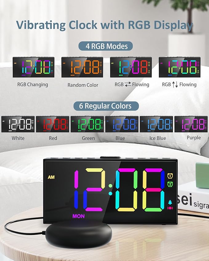 Loud Alarm Clock for Heavy Sleepers,RGB Vibrating Alarm Clock with Bed Shaker,3-level Vibrator,Dual Alarms,Weekday/Weekend,Dimmer,Volume,USB Phone Charger,Snooze,Plug in Clock with Memory Function
