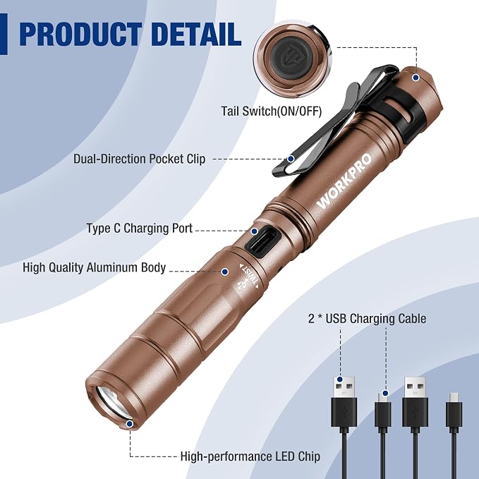 WORKPRO Rechargeable Pen Light 2 Pack Ultra-Compact EDC Flashlight Black | Mini Flashlight Pocket Flashlight with Clip Memory Function and 2 x USB C Cable Included