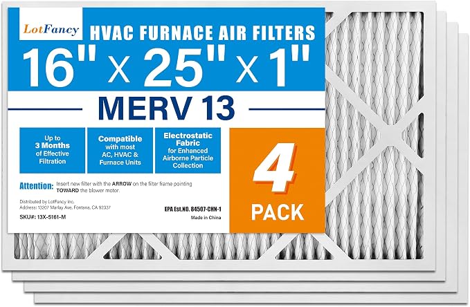LotFancy 16x25x1 Air Filter MERV 13 4-Pack, Electrostatic Pleated HVAC Furnace