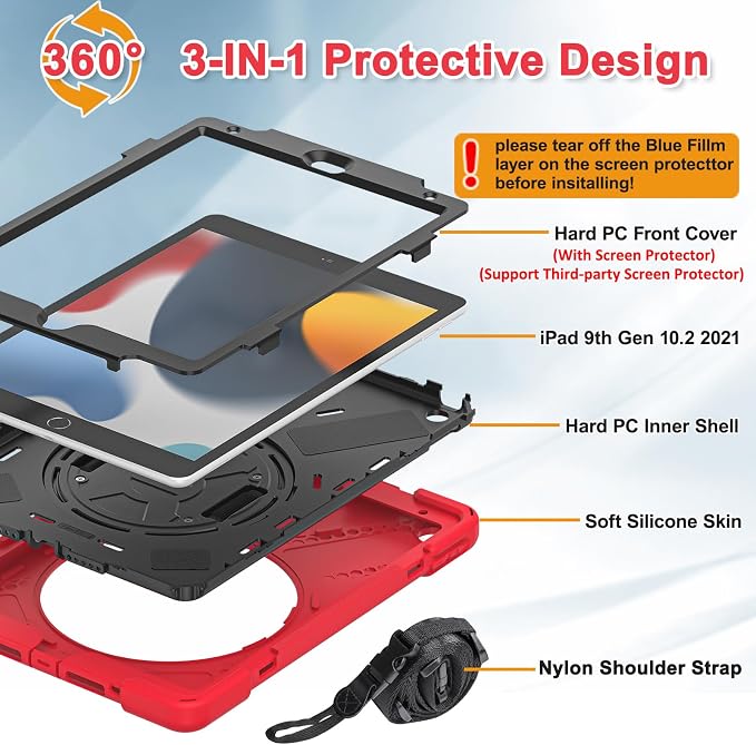 BRAECNstock Shockproof Case for iPad 9th/8th/7th Gen 10.2 Blue | All-in-1 Case Hand Strap &amp Stand Shoulder Straps Pencil Holder Screen Protector – For Office Commute &amp Presentation