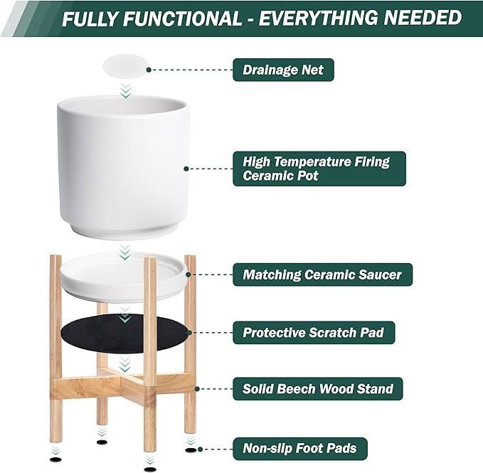 D'vine Dev Ceramic Planter with Natural Stand - 8 Inch Modern Round Flower Pot with Wood Planter Holder, White, 55-B-N-1