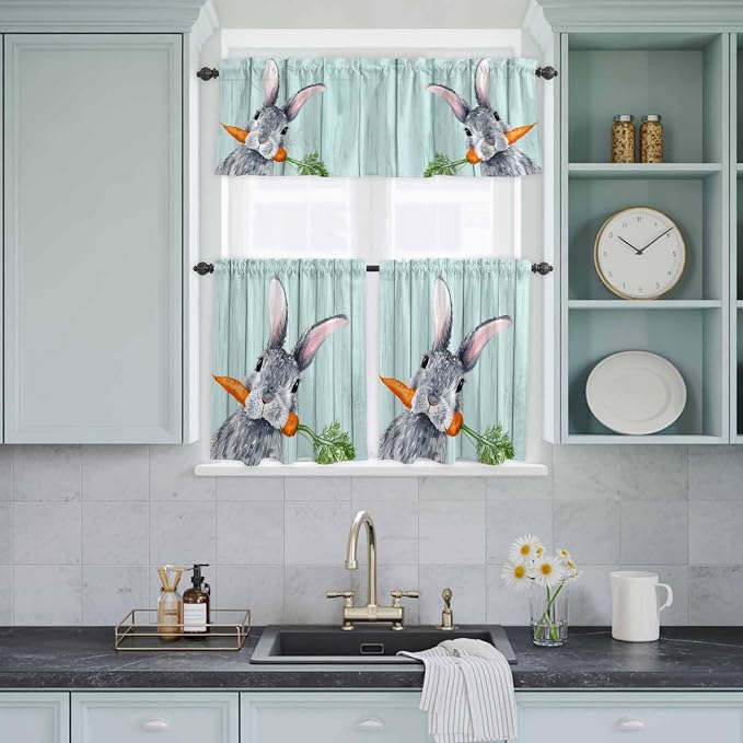 Easter Kitchen Curtain Set, Spring Rabbit Botanical Carrots Green Wooden Grain