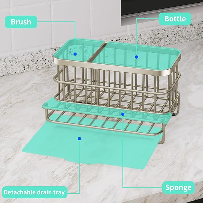 HapiRm Kitchen Sink Caddy Organizer - Versatile Sponge Holder with Drain Tray, SUS304 Stainless Steel Rustproof Kitchen Sink Organizer Storage for Countertop- Brushed Nickel