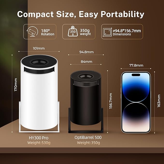 Mini Projector with WiFi 6 and Bluetooth 5.4 Built-in Android 11, 1080P 4K Support Portable Projector, Auto Vertical Keystone, LYNCAST 180° Rotatable Projector for Home,Outdoor OptiBarrel 500 Black