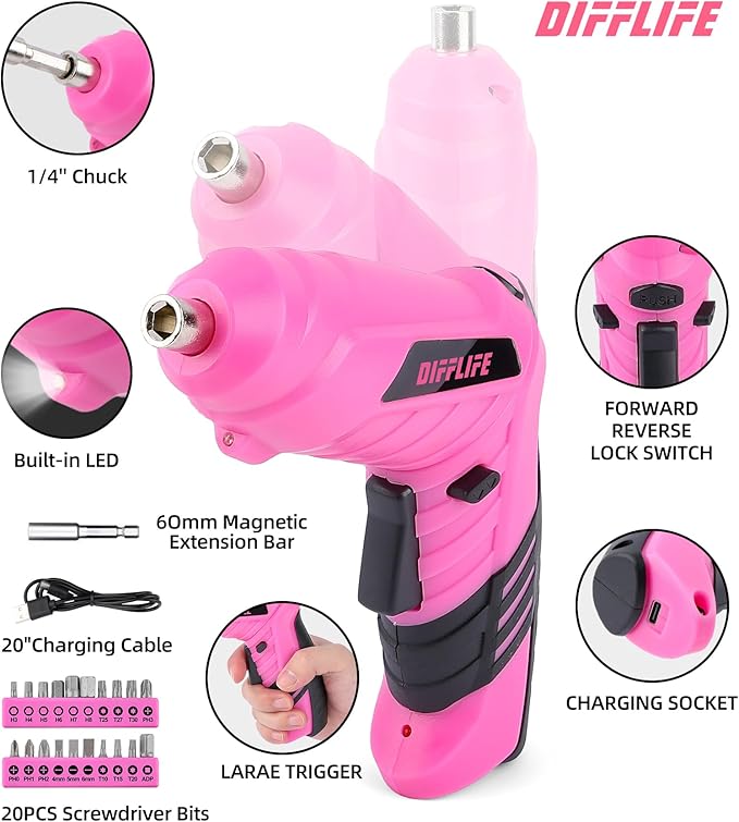 Pink Power-Screwdrivers Tool Set for Women,3.6V Power Screwdriver Cordless Rechargeable Tool Kit 143-Piece Electric Screwdriver Cordless Tool Set Pink 143PCS Tool Box